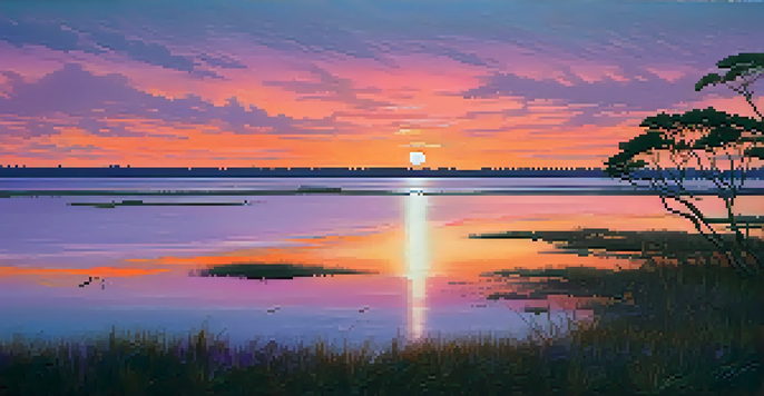 A beautiful sunset over the ocean with mangroves and salt marshes in the foreground, showcasing vibrant colors in the sky.