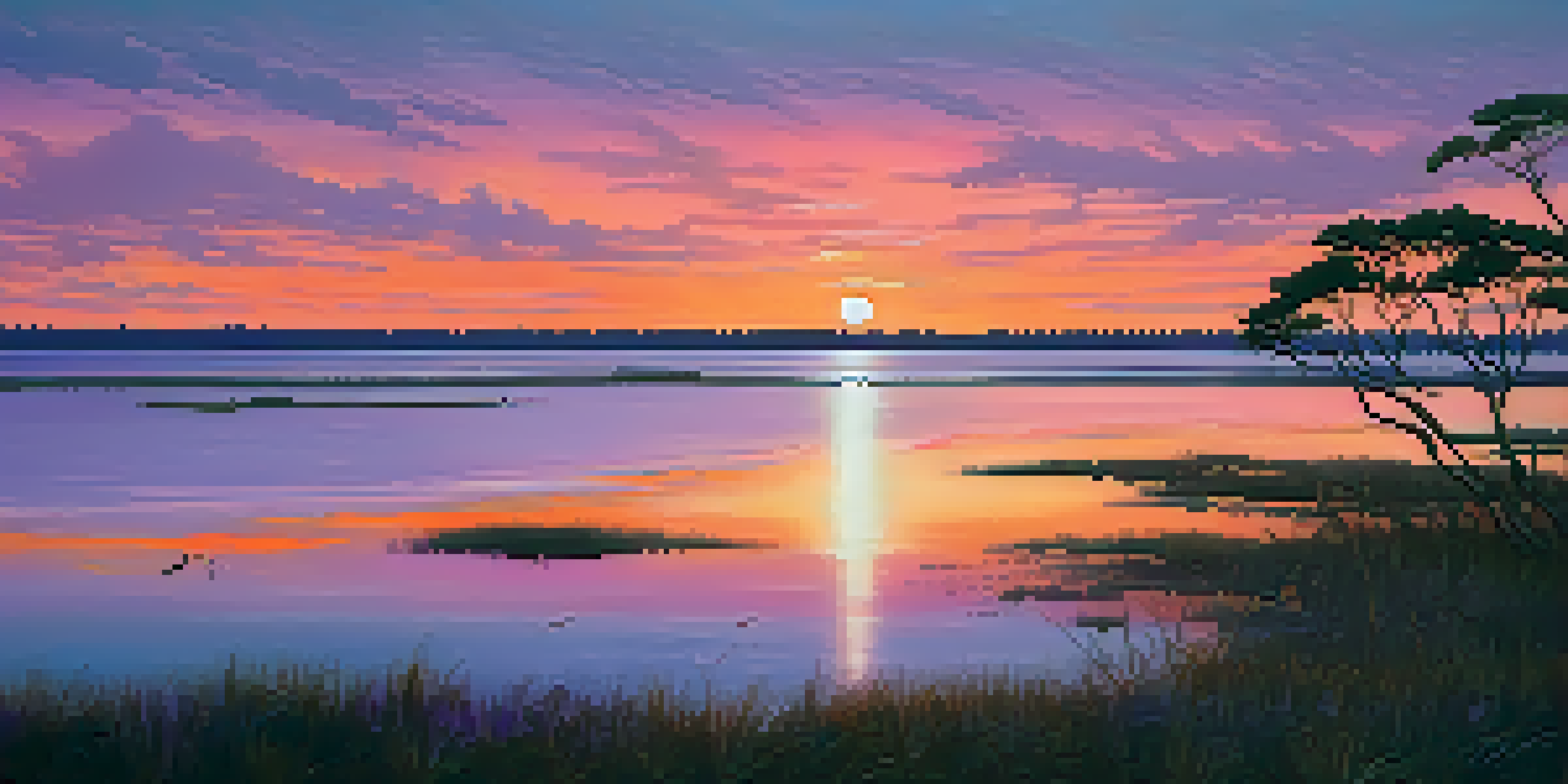 A beautiful sunset over the ocean with mangroves and salt marshes in the foreground, showcasing vibrant colors in the sky.