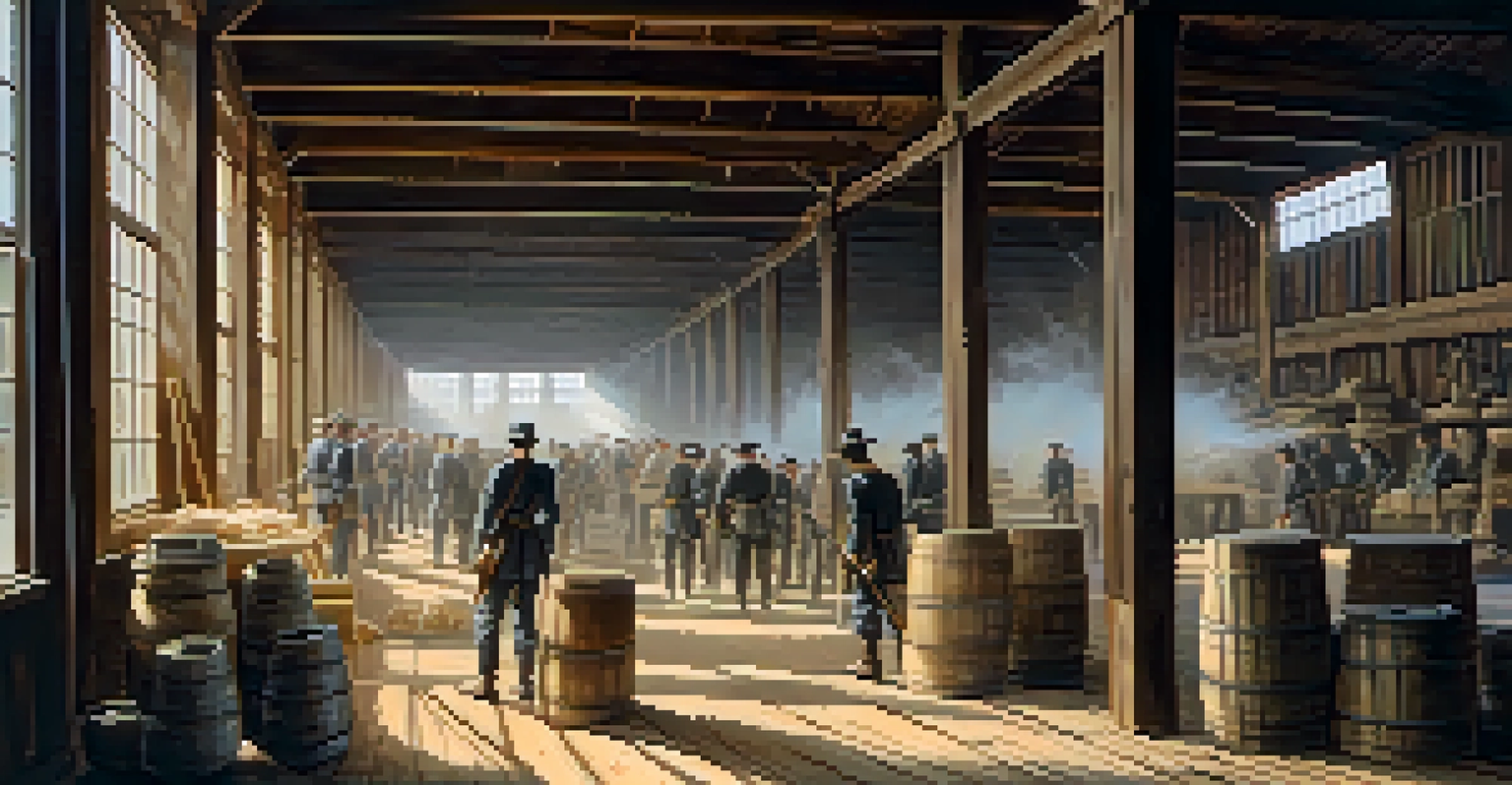 Inside a Confederate supply center in Savannah, with cotton bales and soldiers organizing military supplies, illuminated by sunlight.
