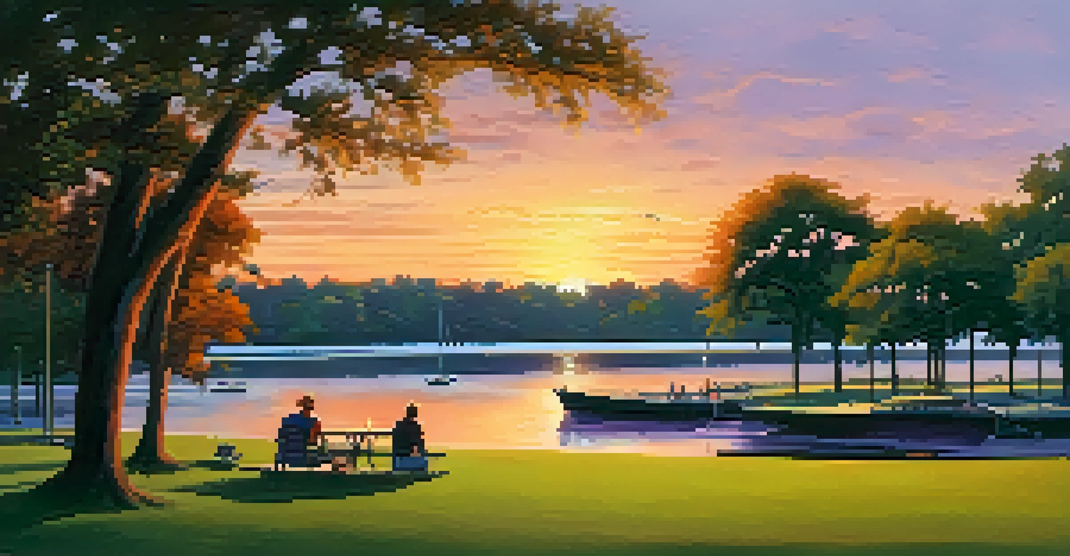 A sunset picnic at Emmet Park by the Savannah River with colorful skies and boats in the background.