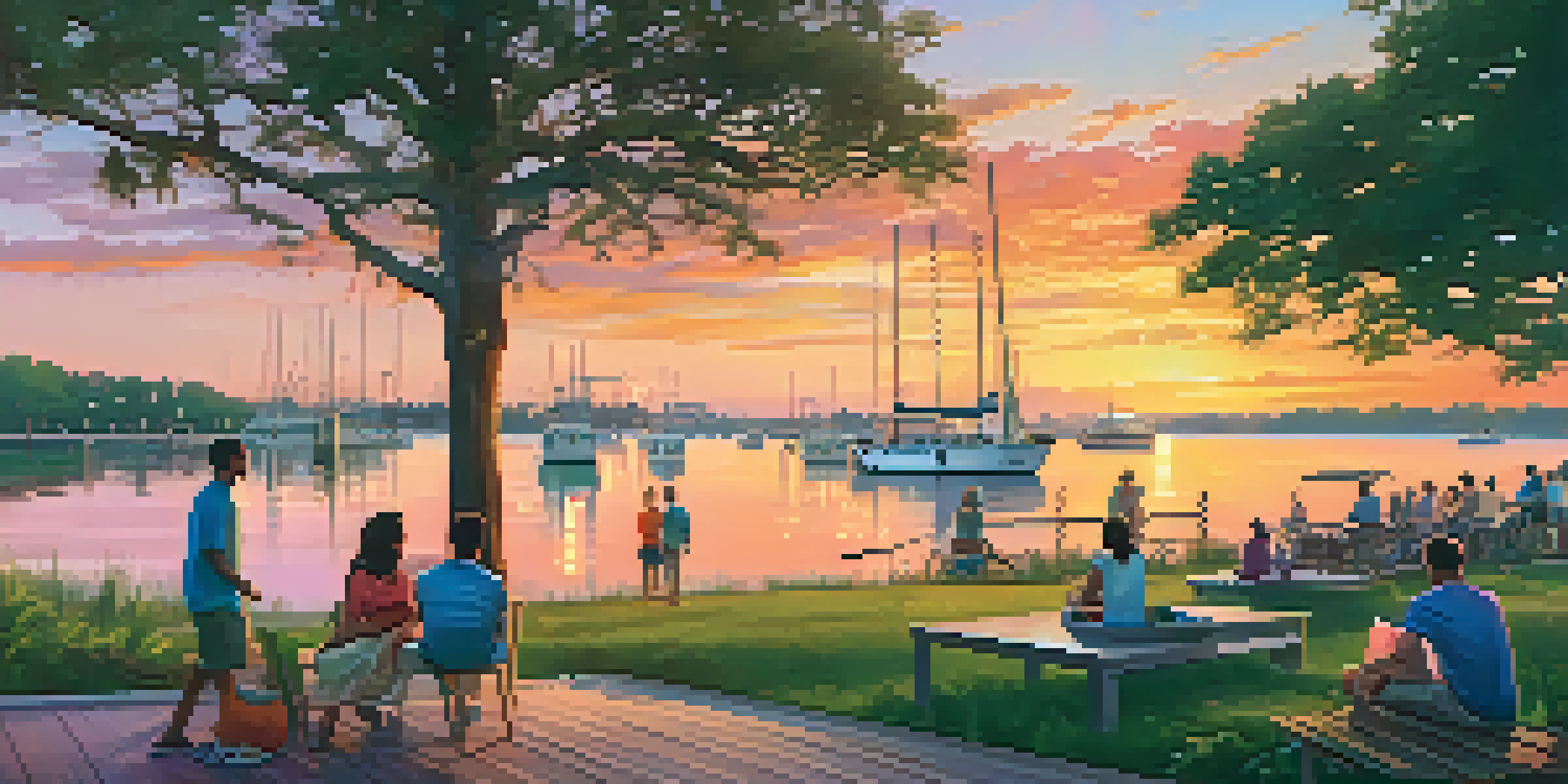 A sunset view of Savannah's waterfront with smart sensors, people enjoying outdoor activities, and lush greenery.