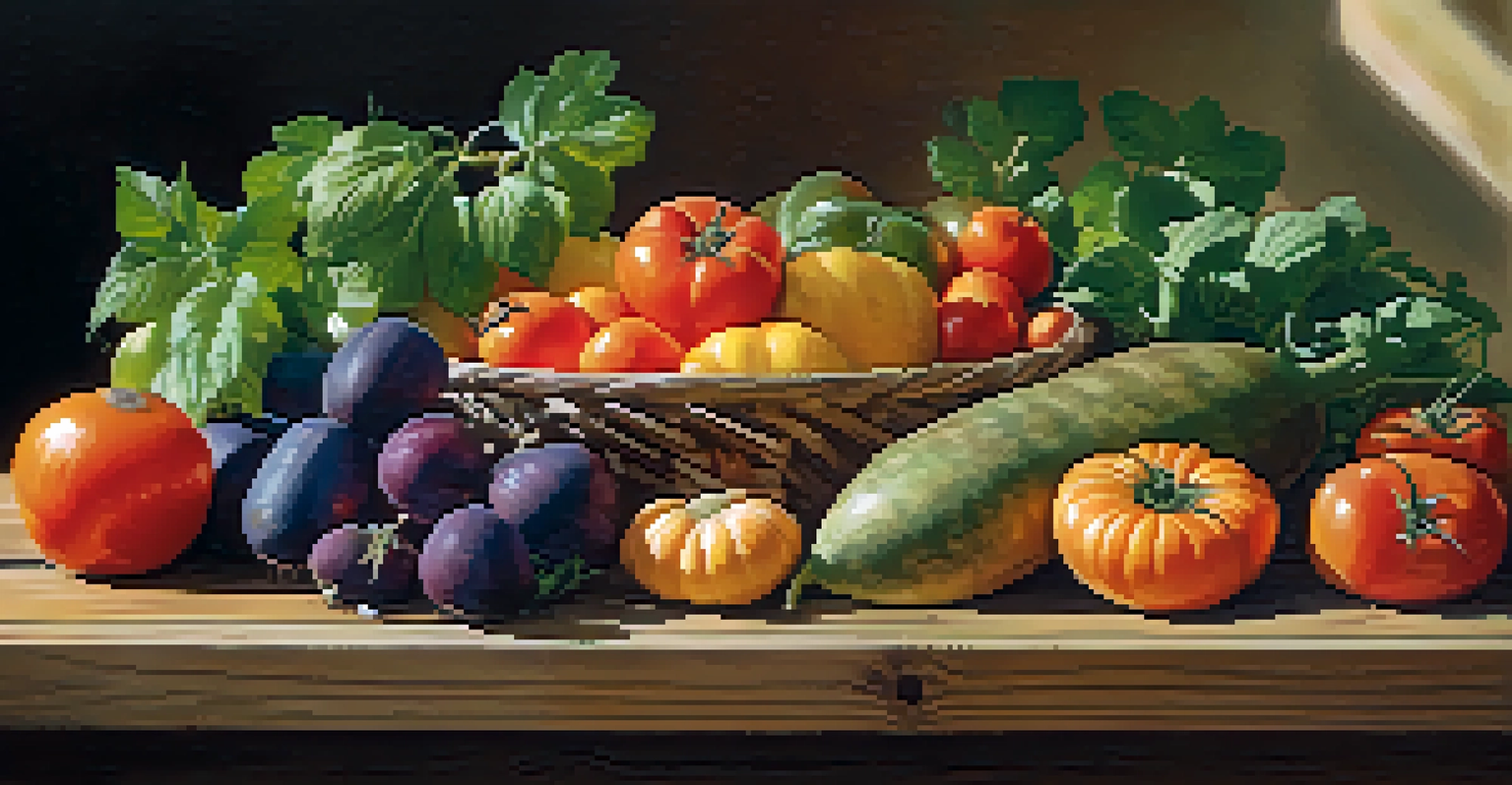 A close-up of a wooden table filled with vibrant seasonal fruits and vegetables in bright sunlight.