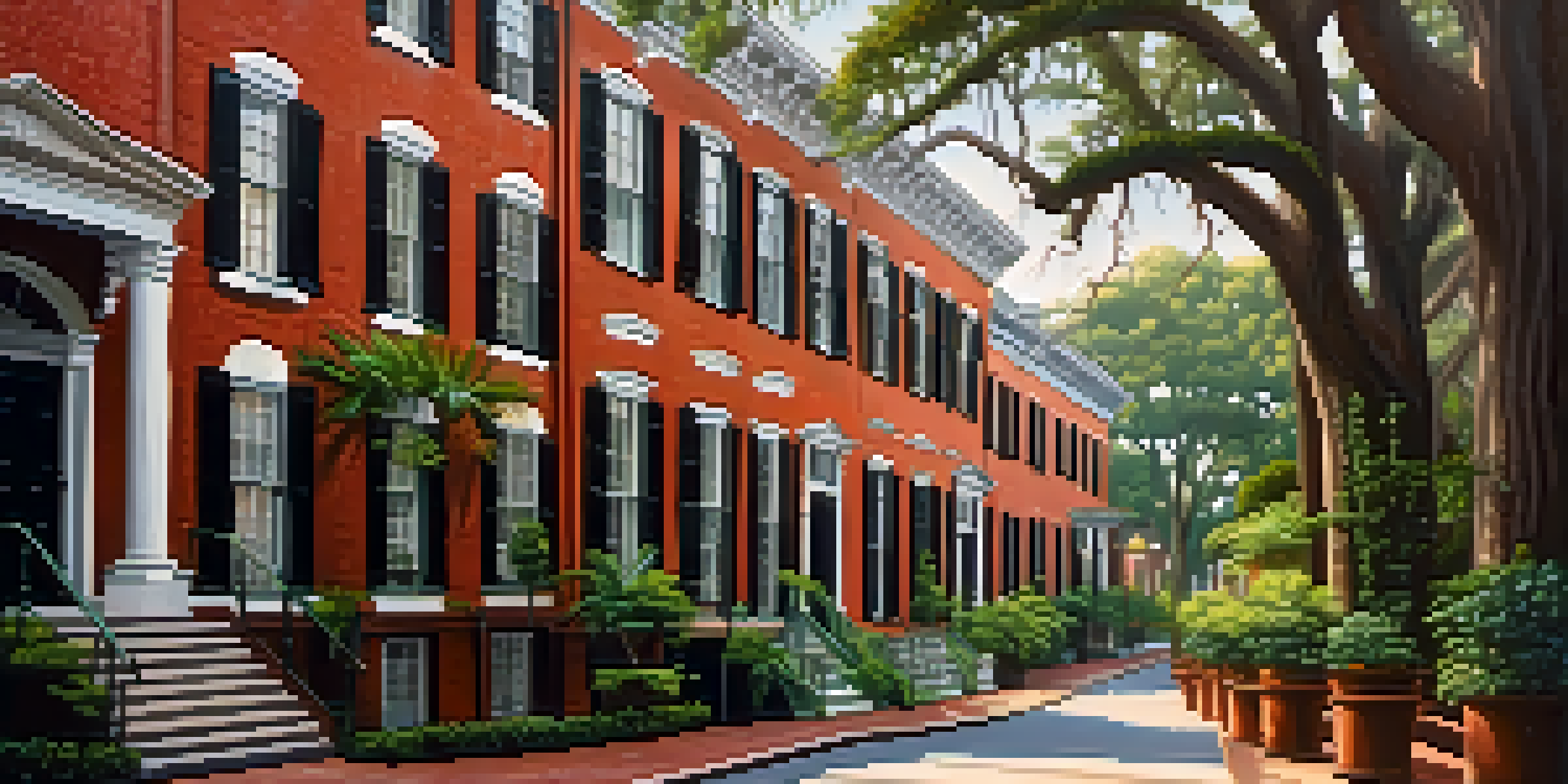 A scenic view of colonial architecture in Savannah, featuring red brick buildings and lush gardens.