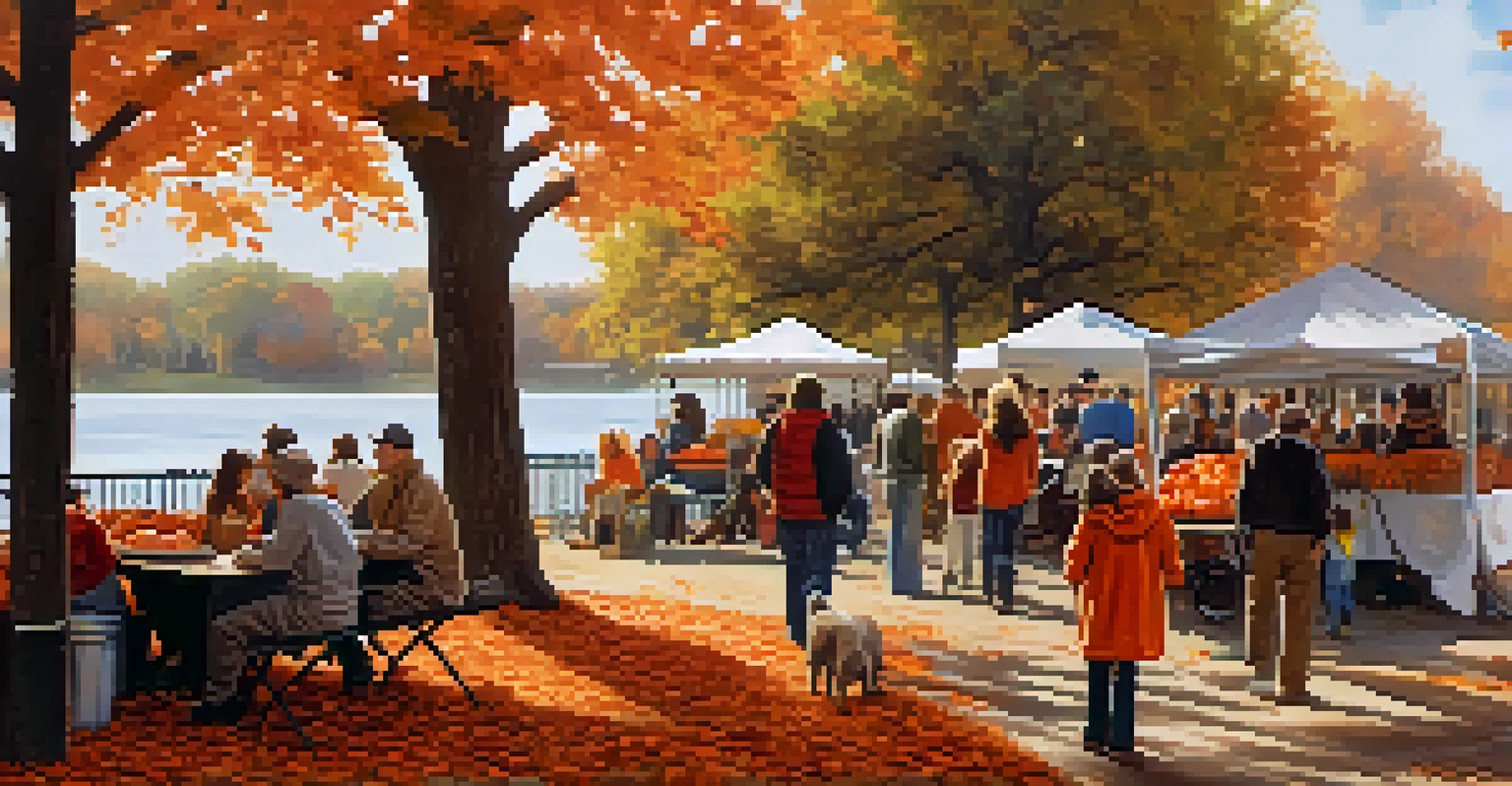 An autumn scene at the Savannah Riverfront with families at a harvest festival among colorful leaves and pumpkin patches.