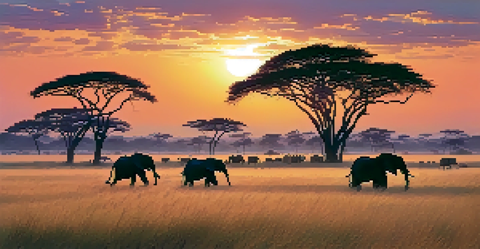 A panoramic view of a savannah landscape at sunset with elephants in the foreground and colorful skies.