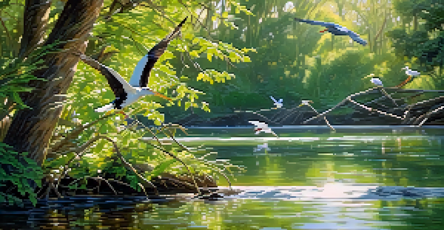 A collection of birds nesting by the riverbank, surrounded by greenery and sunlight filtering through the leaves.