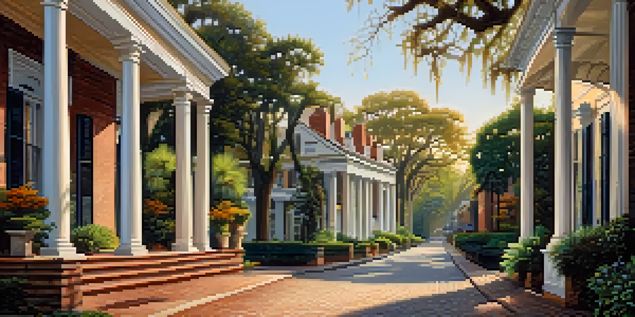 A scenic view of Savannah's Historic District with elegant antebellum homes, cobblestone streets, and lush gardens during sunset.