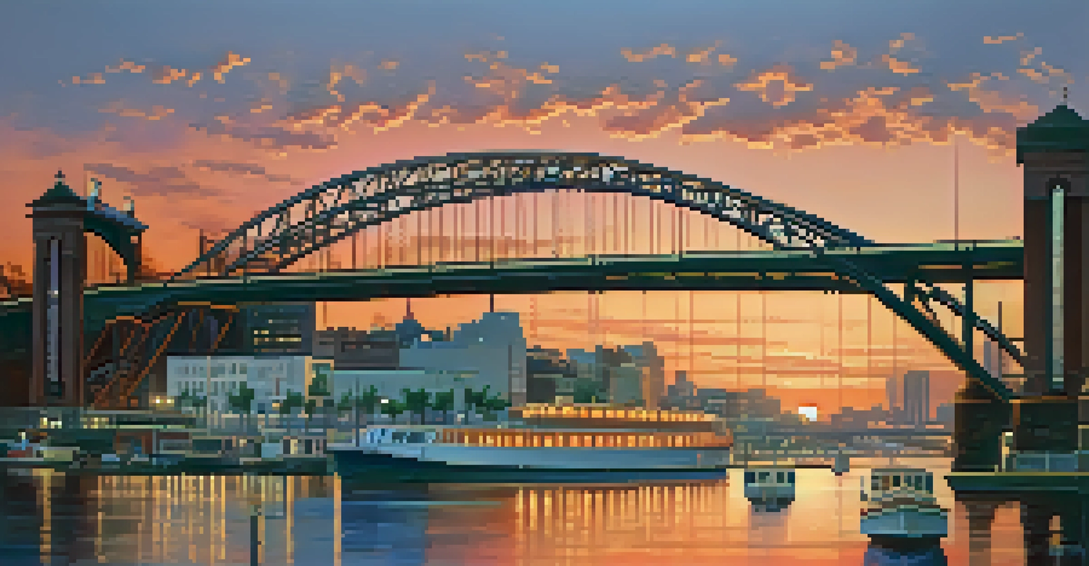 A stunning panoramic view from the Savannah River Bridge, showcasing the city skyline and river at sunset.