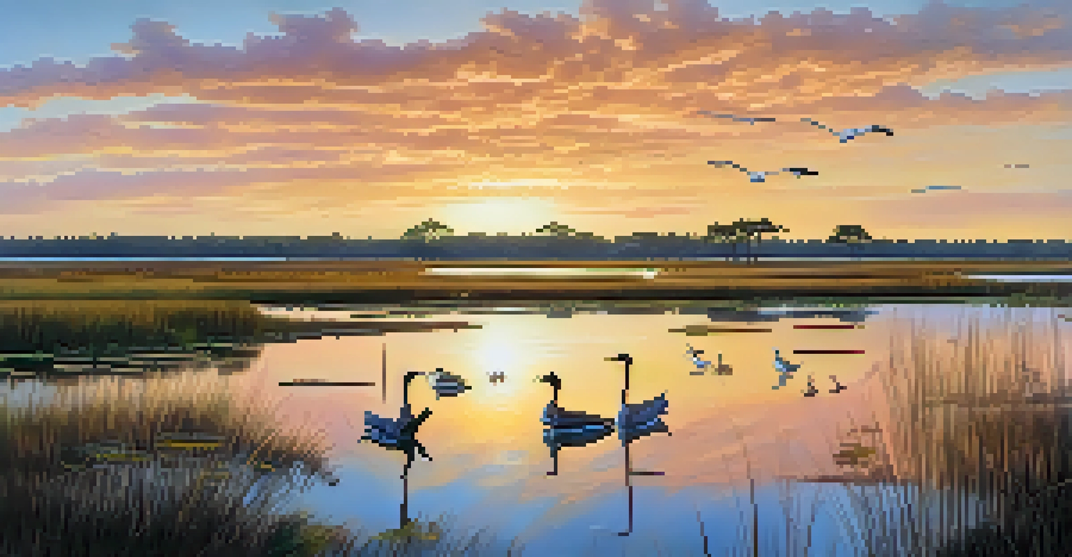 A scenic view of marshes in Savannah with conservationists planting vegetation at sunset, surrounded by wildlife.