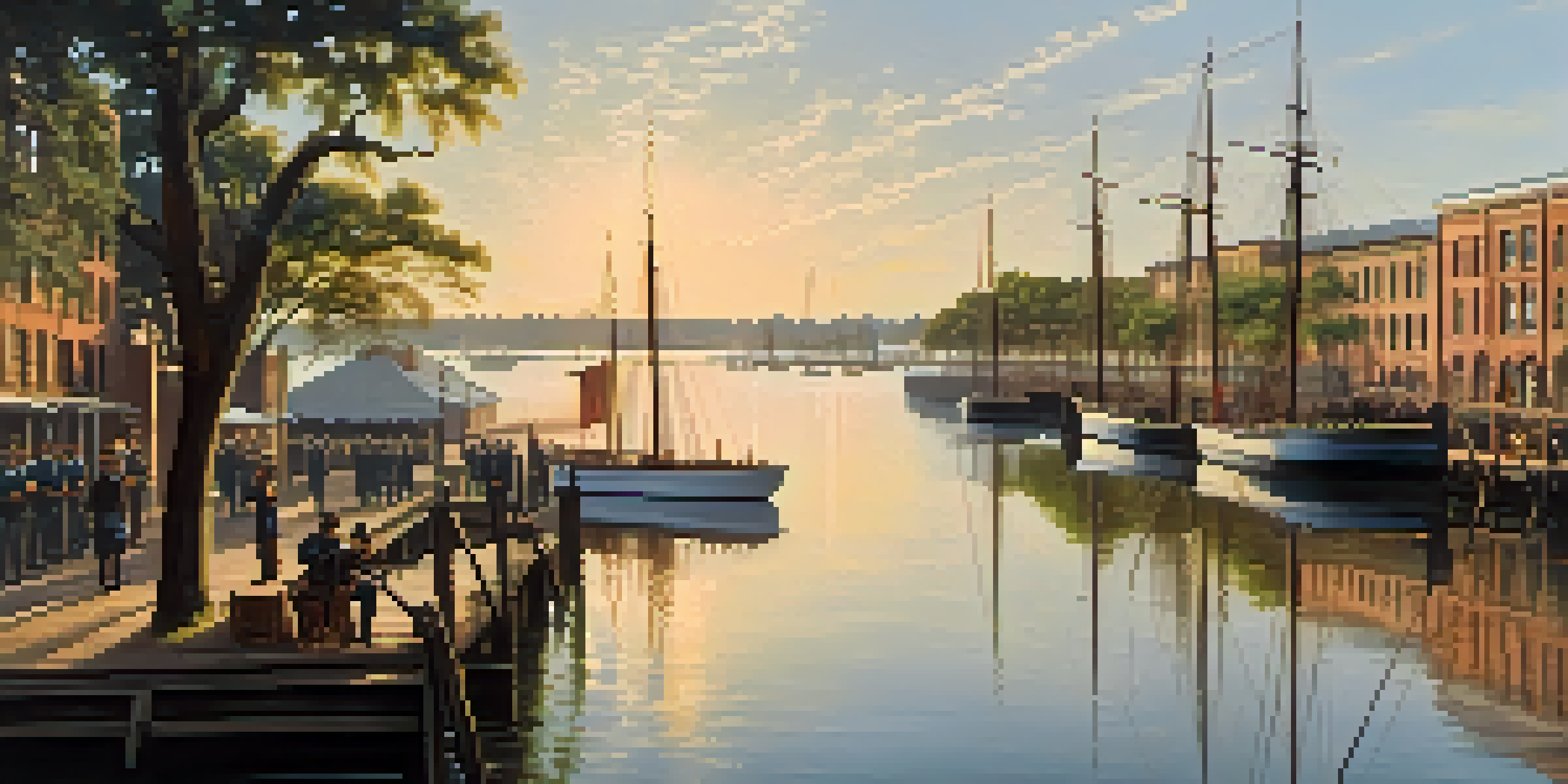 A wide view of Savannah's historic waterfront during the Civil War, featuring ships, cotton bales, and soldiers, under a golden sunset.