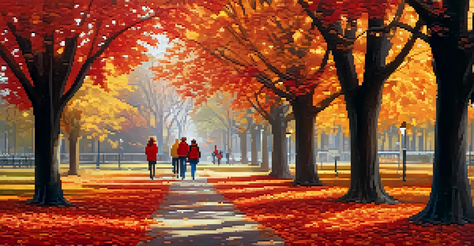 A beautiful autumn scene in a park with colorful foliage, people walking on a leaf-covered path, and a pumpkin patch in the background.
