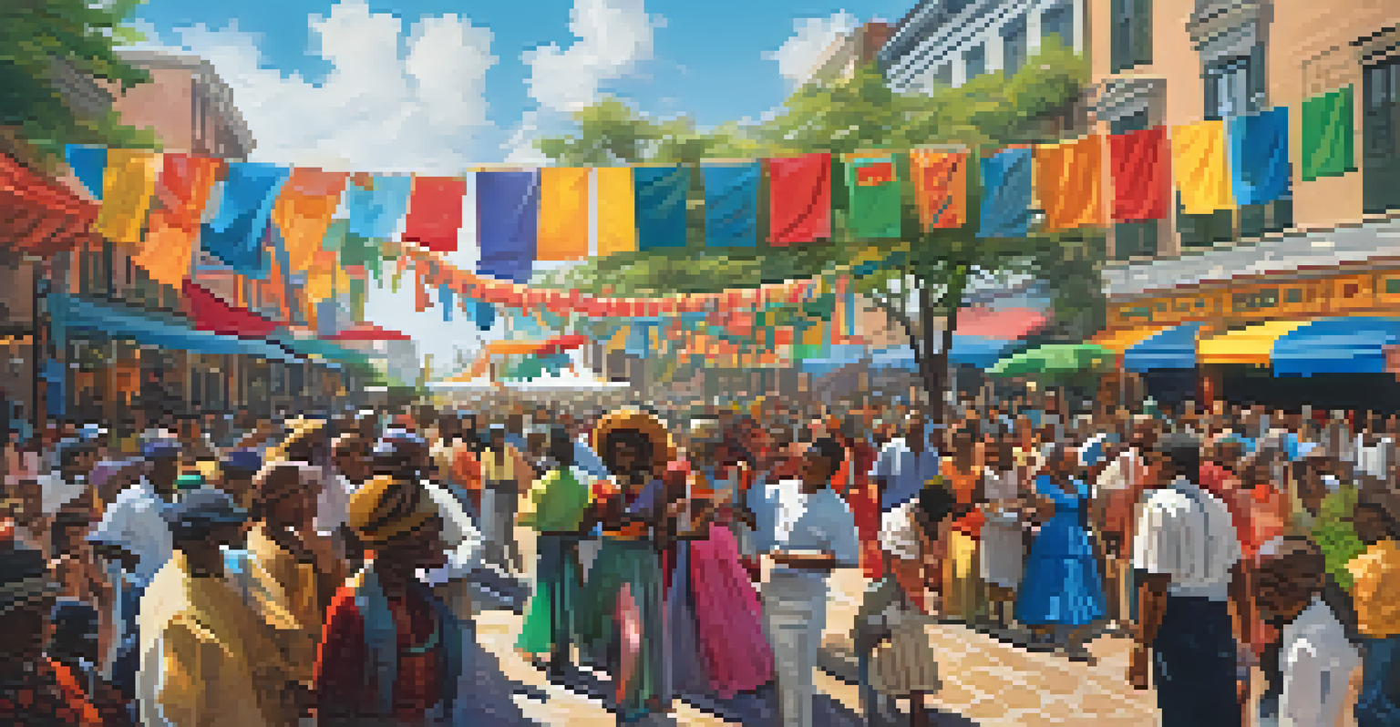 A lively cultural festival in Savannah, with artists, musicians, and colorful decorations, showcasing community spirit.