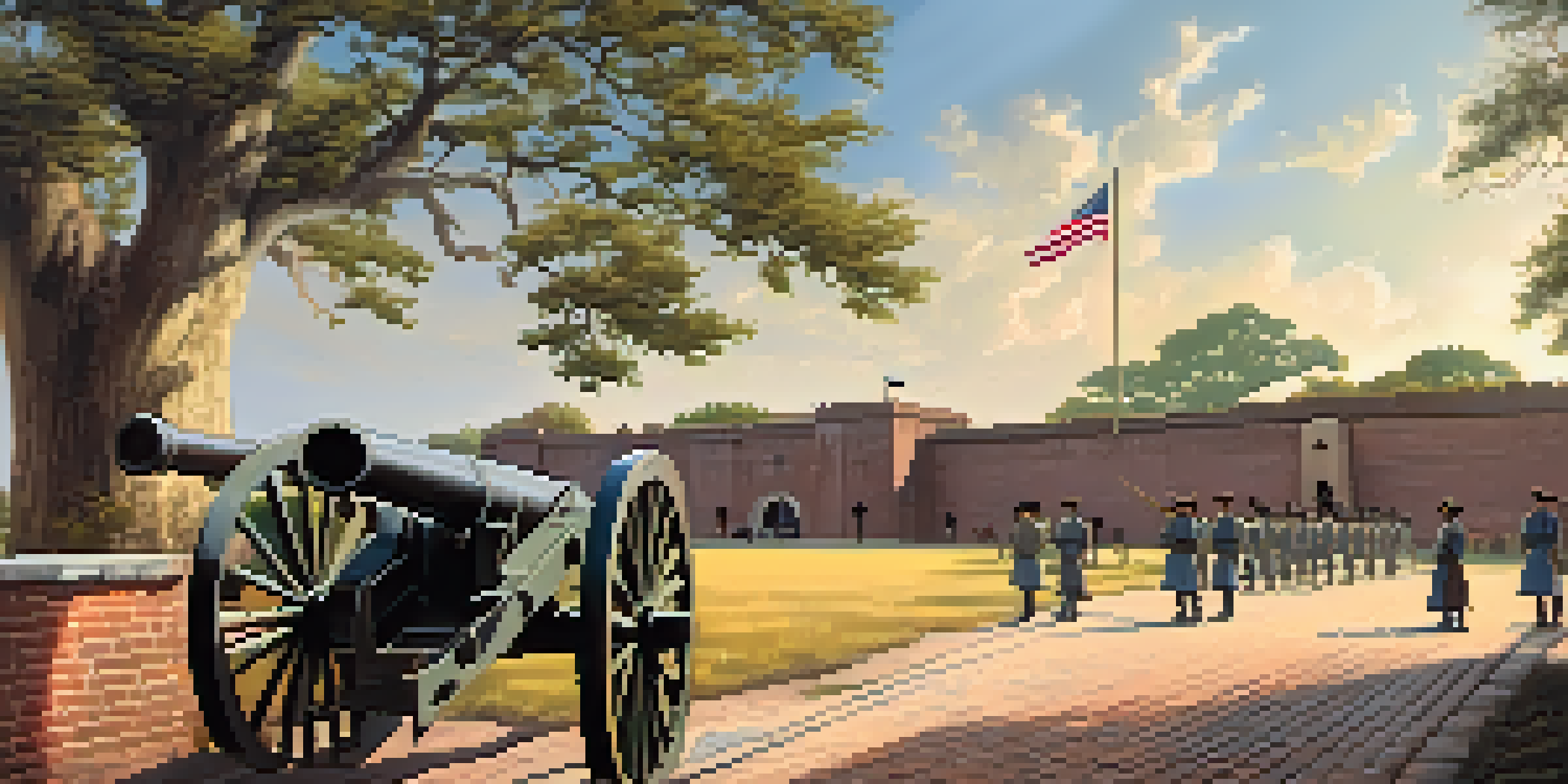 A historic view of Old Fort Jackson with brick walls and cannons, and visitors in period costumes exploring the fort.