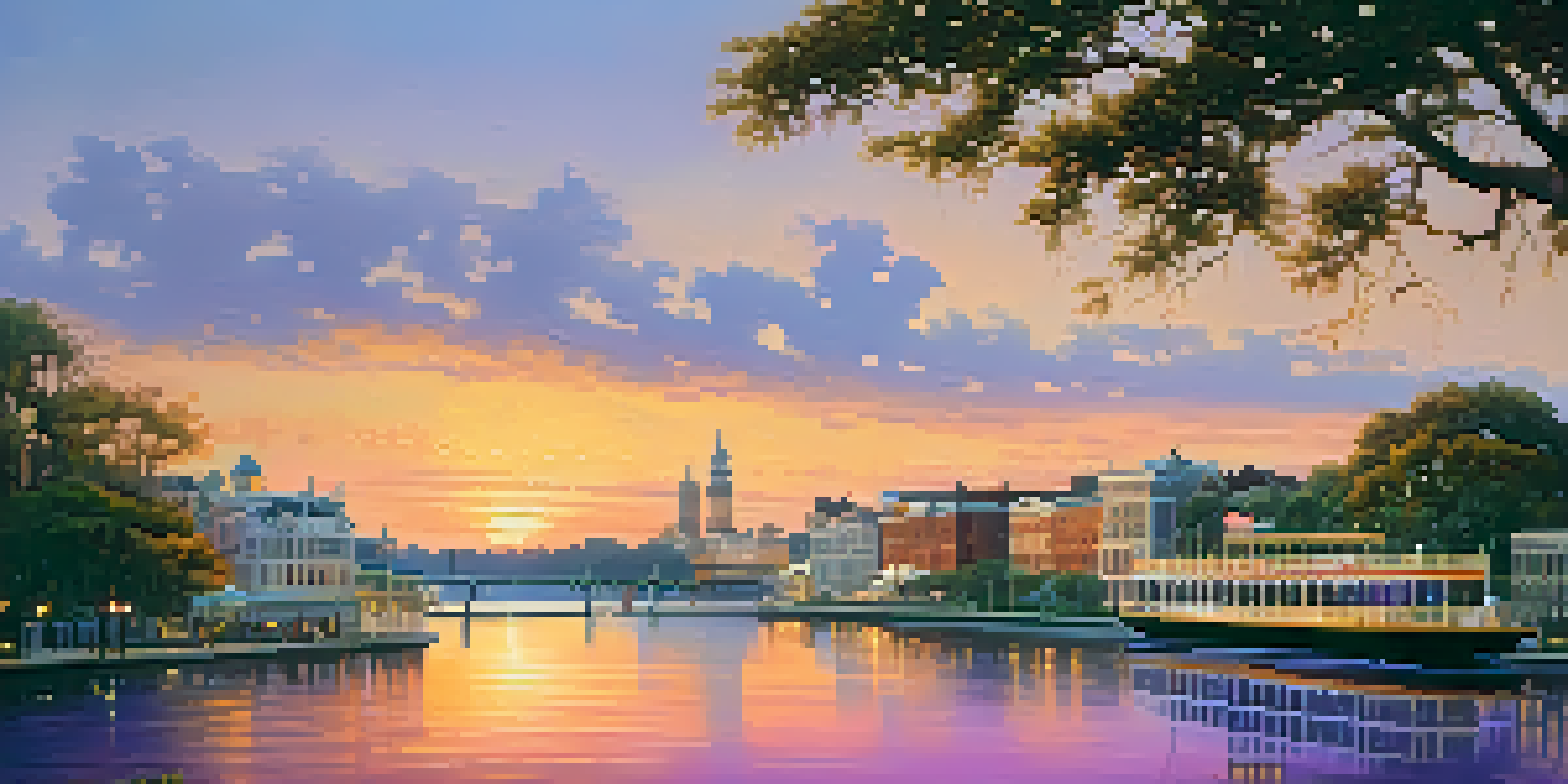 A beautiful sunset over Savannah's riverfront with a riverboat and historic buildings in the background.