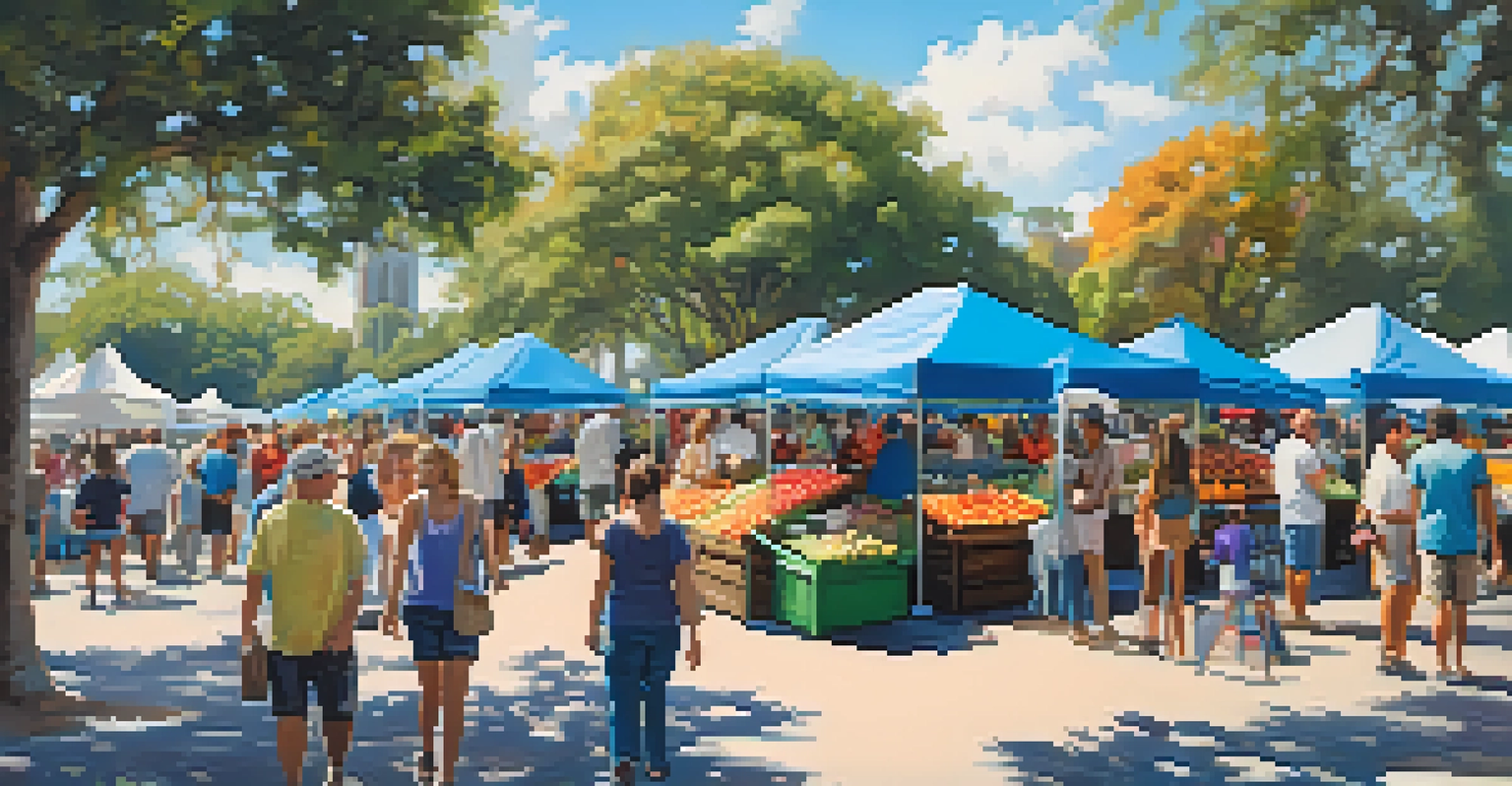 A lively farmers market at Forsyth Park with vendors, fresh produce, and families enjoying the event.