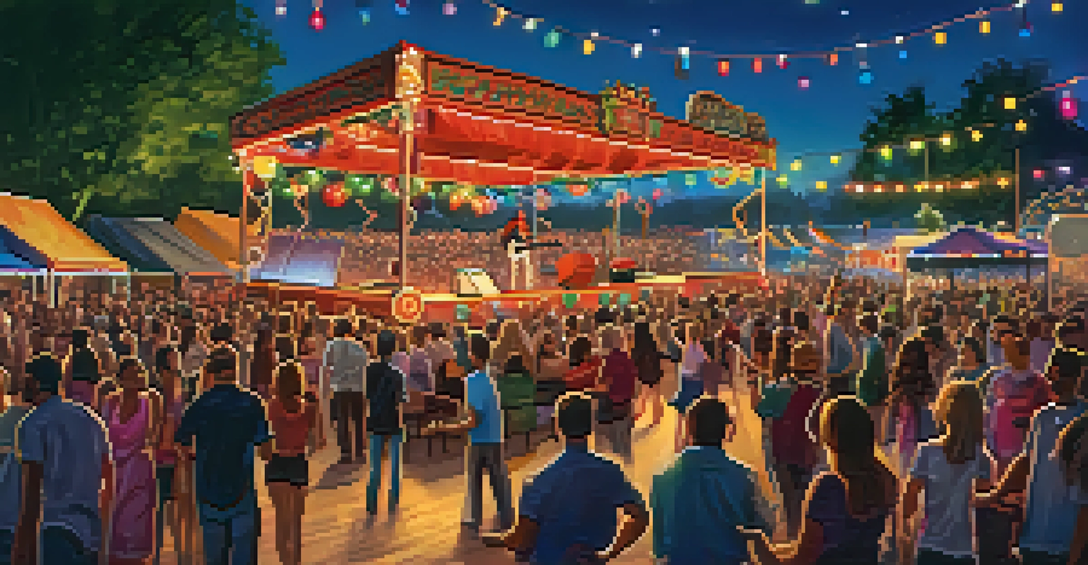 An outdoor concert scene at the Riverfront with a local band performing, an engaged audience dancing, colorful lights, and food stalls in the background.