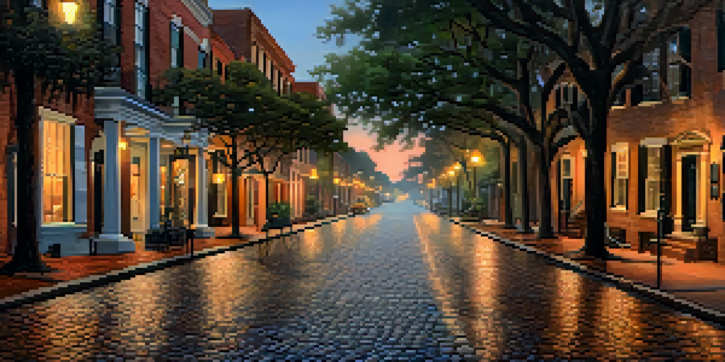 A scenic view of River Street in Savannah during dusk, with cobblestone streets and historic buildings, illuminated by warm street lamps. A ghostly figure in period clothing is faintly seen in the background.