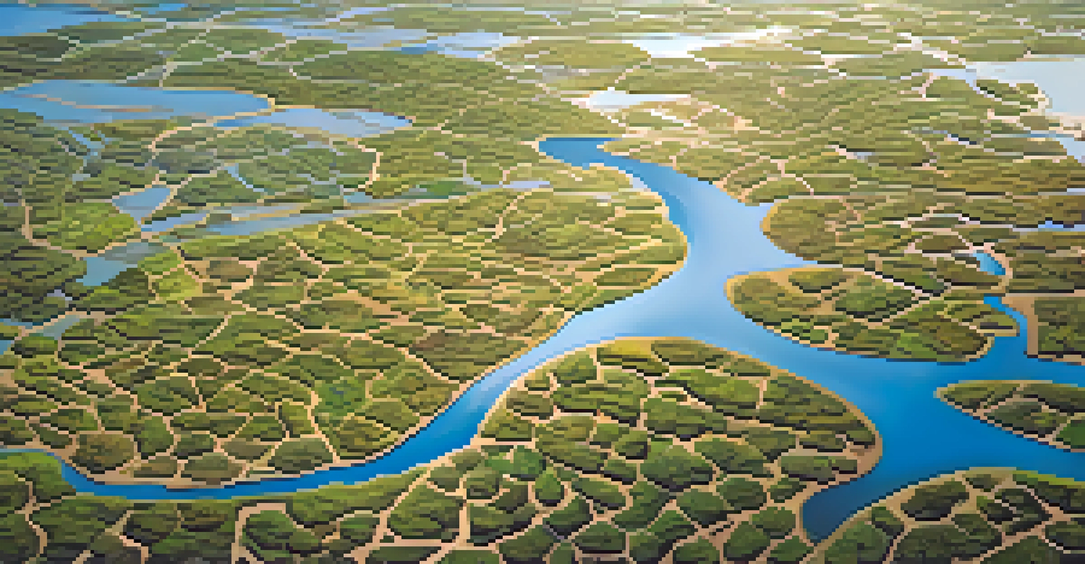 An aerial view of a vast wetland area with winding waterways and diverse vegetation against a blue sky.