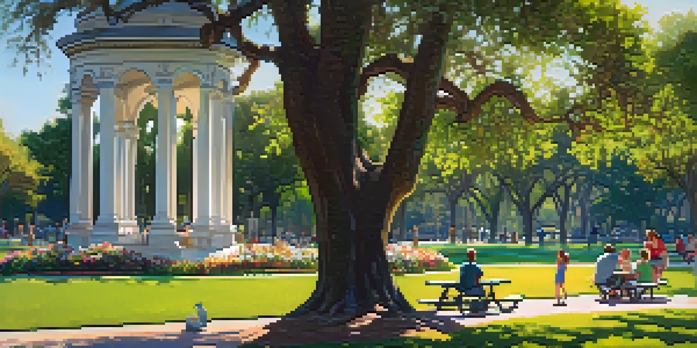 A peaceful picnic in Forsyth Park with families, a historic fountain, and blooming flowers under the sunlight.