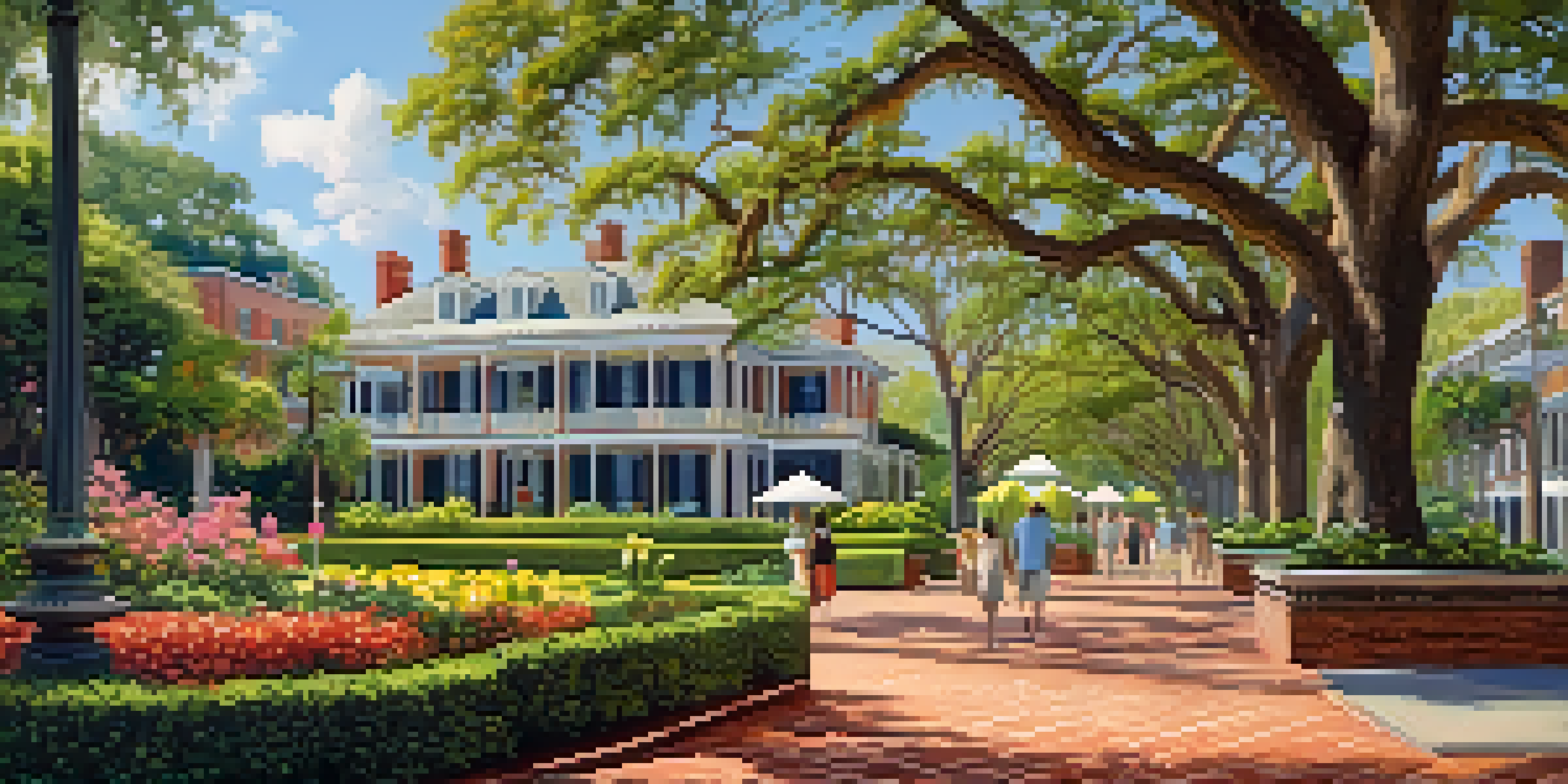 A scenic Savannah square with colonial buildings, lush gardens, and people walking under a clear blue sky.