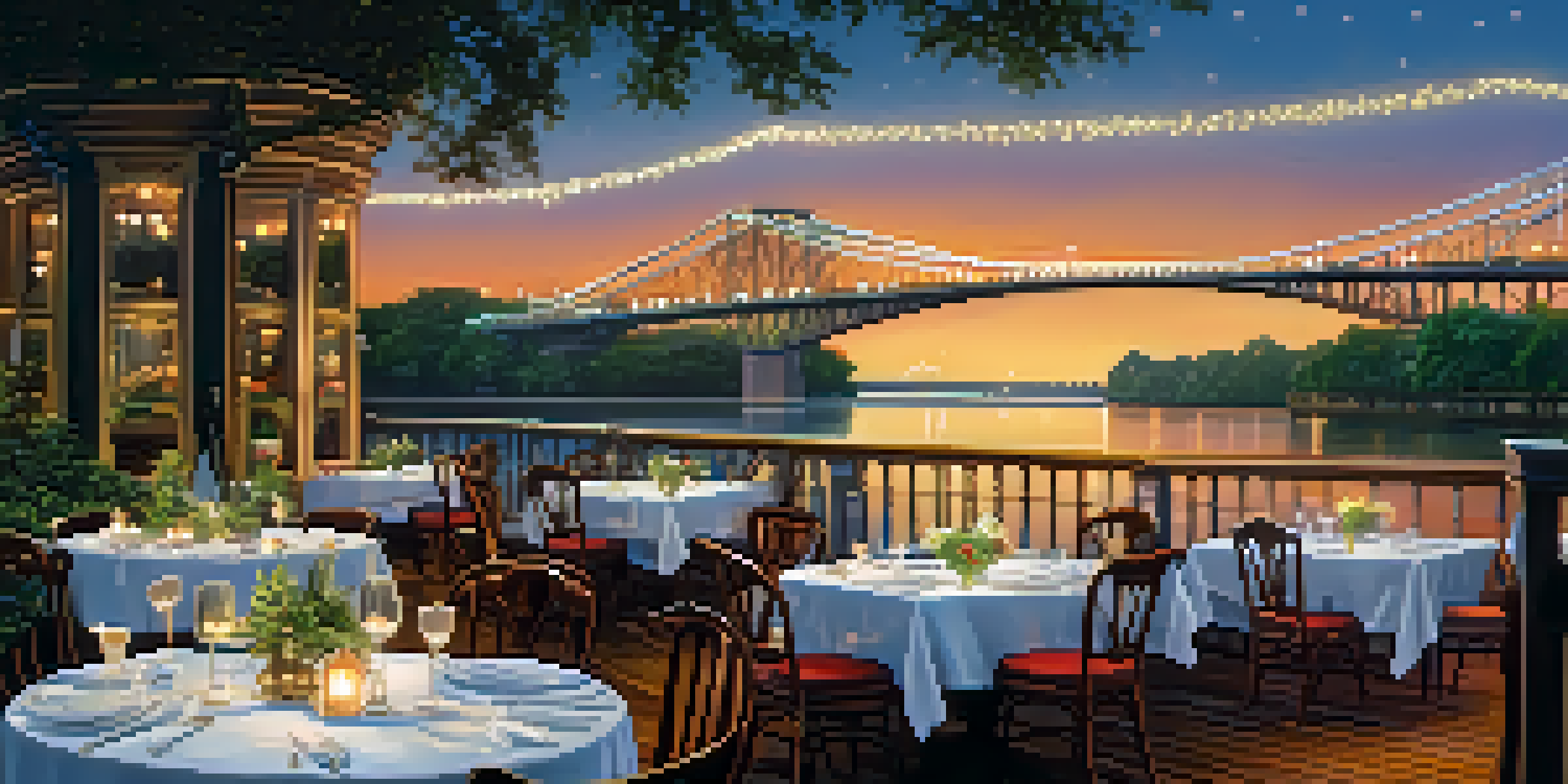 A scenic view of a riverboat dining setup on the Savannah River during sunset, with elegant tables, gourmet dishes, and twinkling lights.
