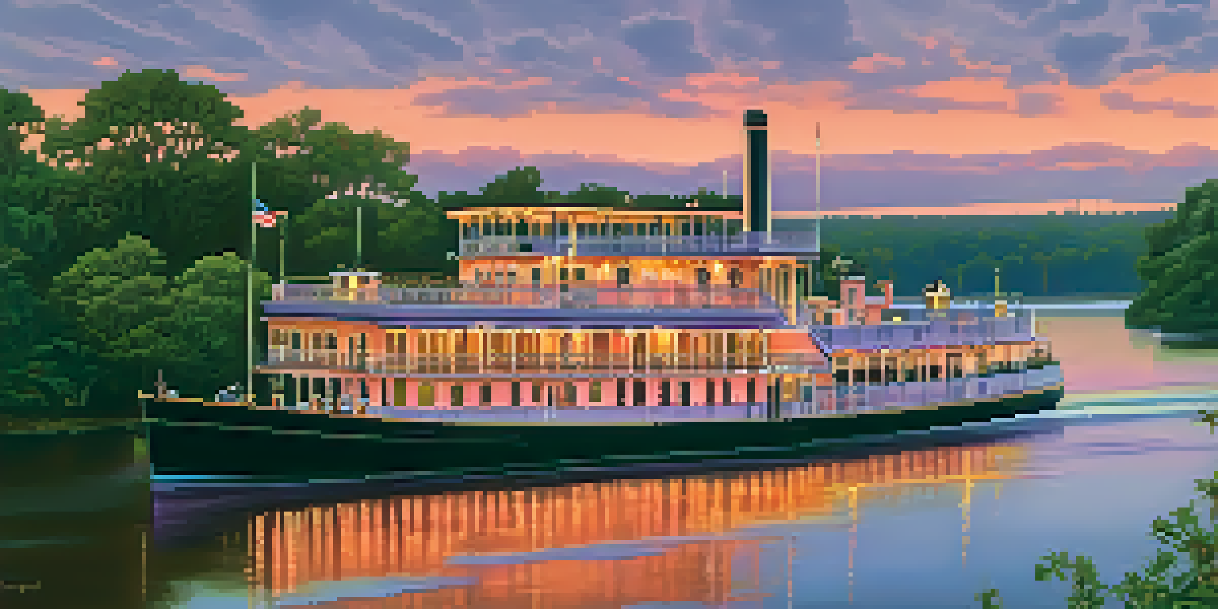 A riverboat sailing on the Savannah River at sunset, with vibrant sky colors and lush greenery along the banks.
