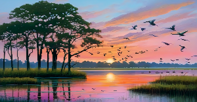 A peaceful sunrise over Savannah's coastal marshlands, with colorful skies, lush grasses, and silhouetted trees, while migratory birds fly in the distance.