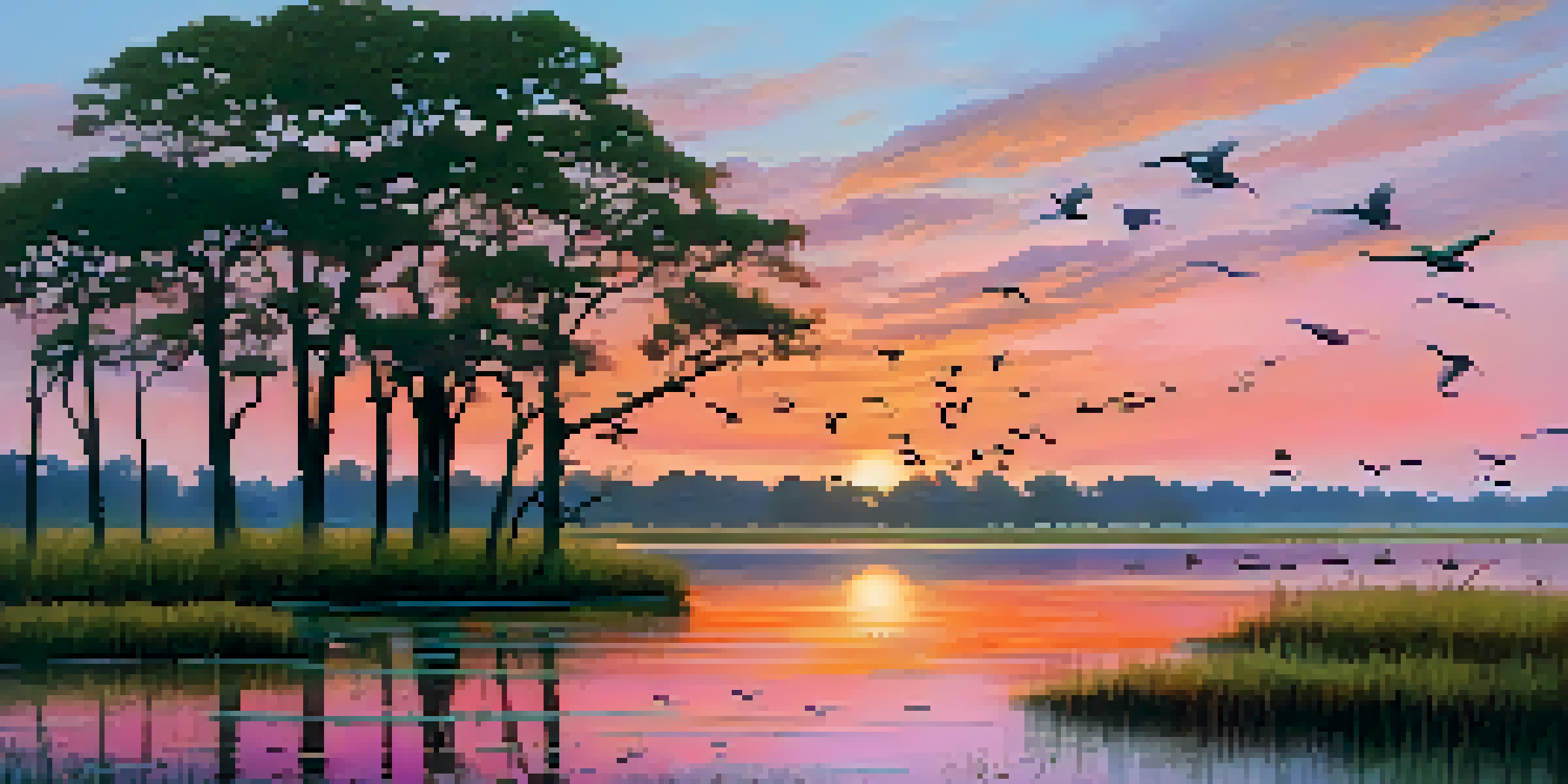 A peaceful sunrise over Savannah's coastal marshlands, with colorful skies, lush grasses, and silhouetted trees, while migratory birds fly in the distance.