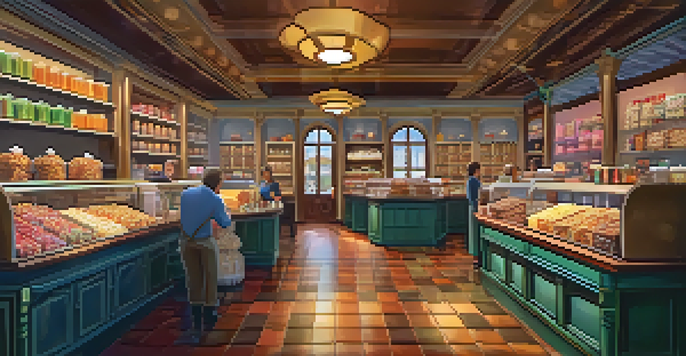 Interior view of a candy shop with shelves of colorful confections and a warm atmosphere.