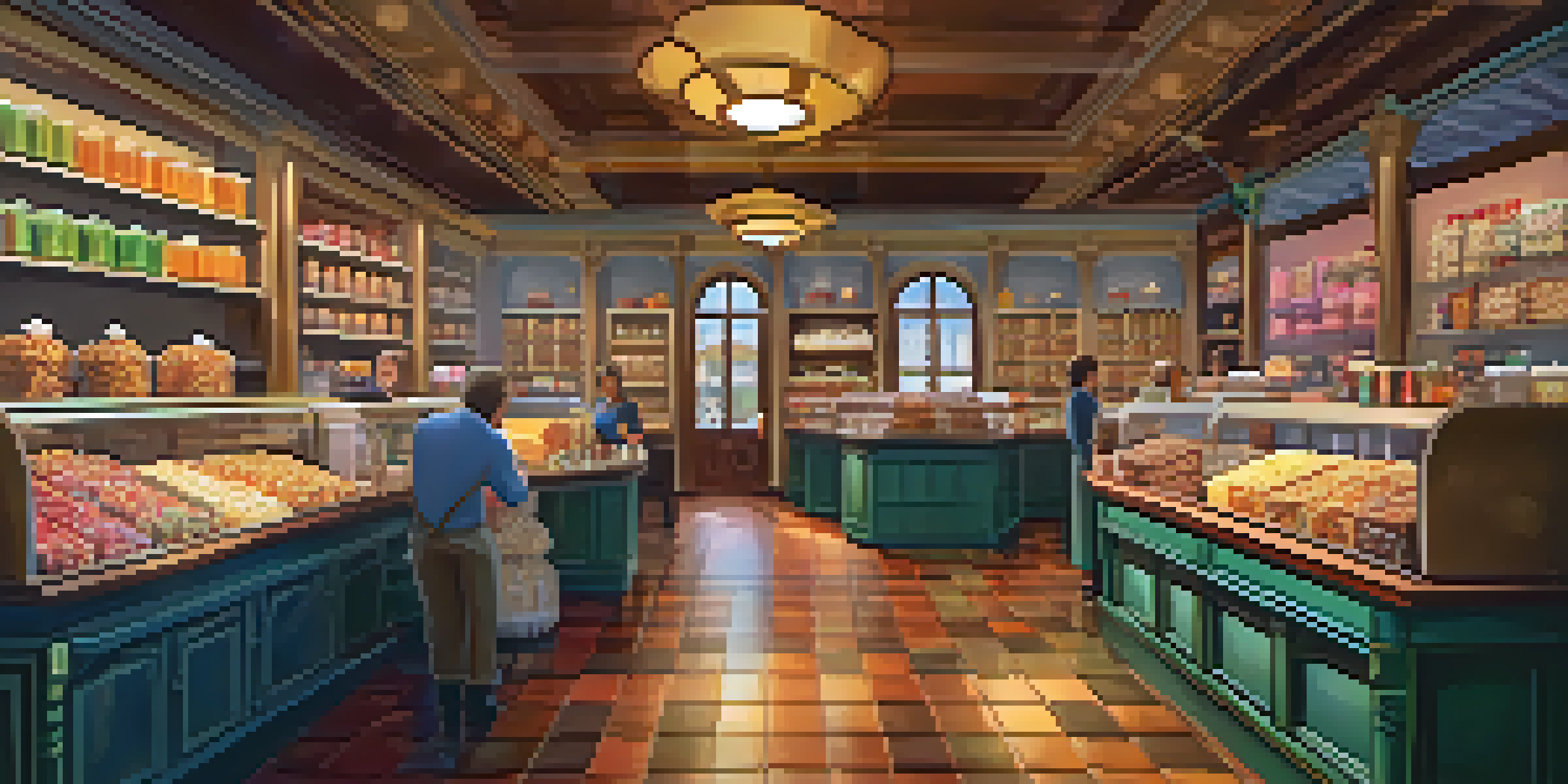 Interior view of a candy shop with shelves of colorful confections and a warm atmosphere.