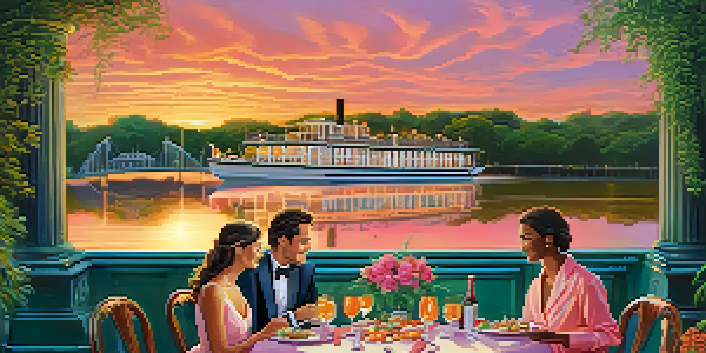 A couple enjoying a romantic dinner on a riverboat during sunset, with vibrant colors in the sky and lush landscapes in the background.