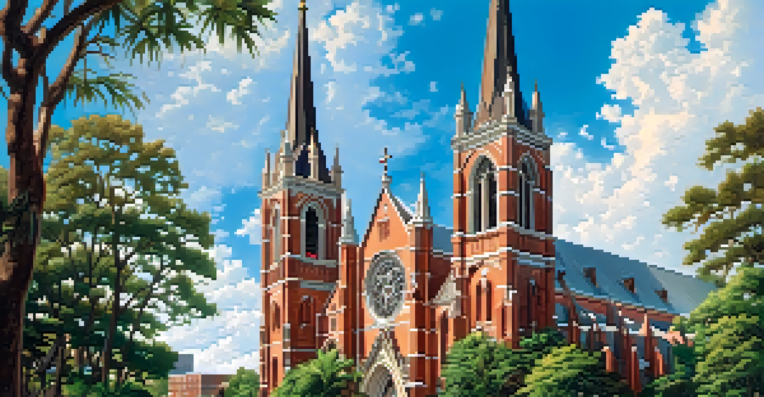 Exterior view of the Cathedral of St. John the Baptist, featuring Gothic architecture with spires and stained glass, set against a blue sky and greenery.