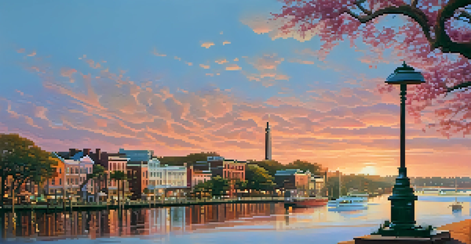 A sunset view of Savannah's Riverfront featuring the Waving Girl Statue, with the river and boats in the foreground and historic buildings behind.