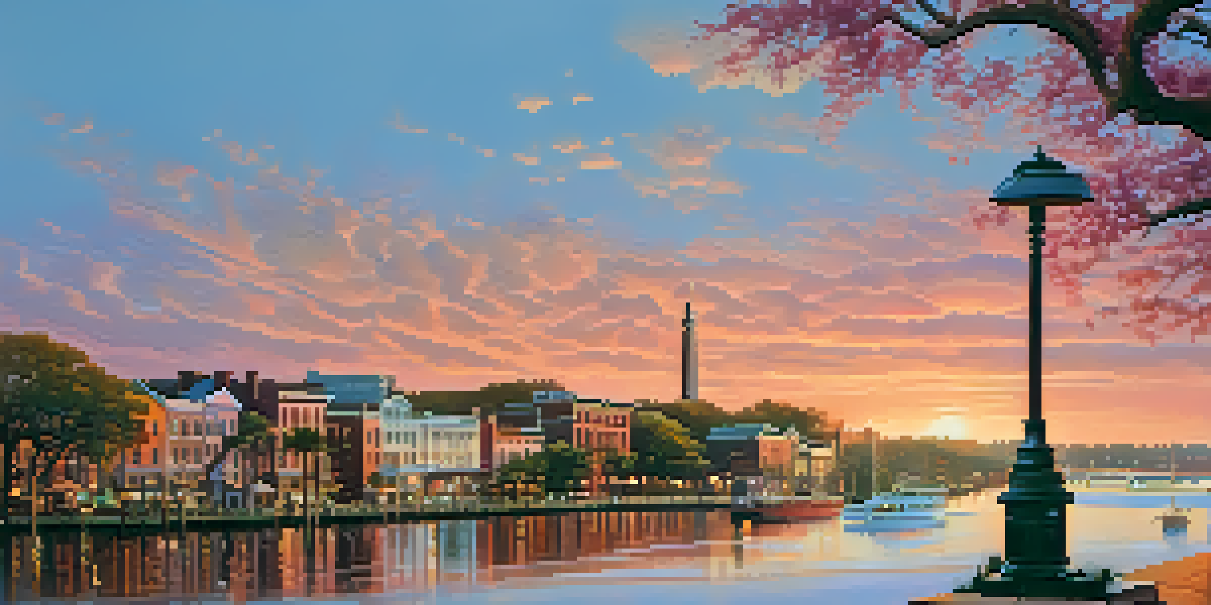 A sunset view of Savannah's Riverfront featuring the Waving Girl Statue, with the river and boats in the foreground and historic buildings behind.