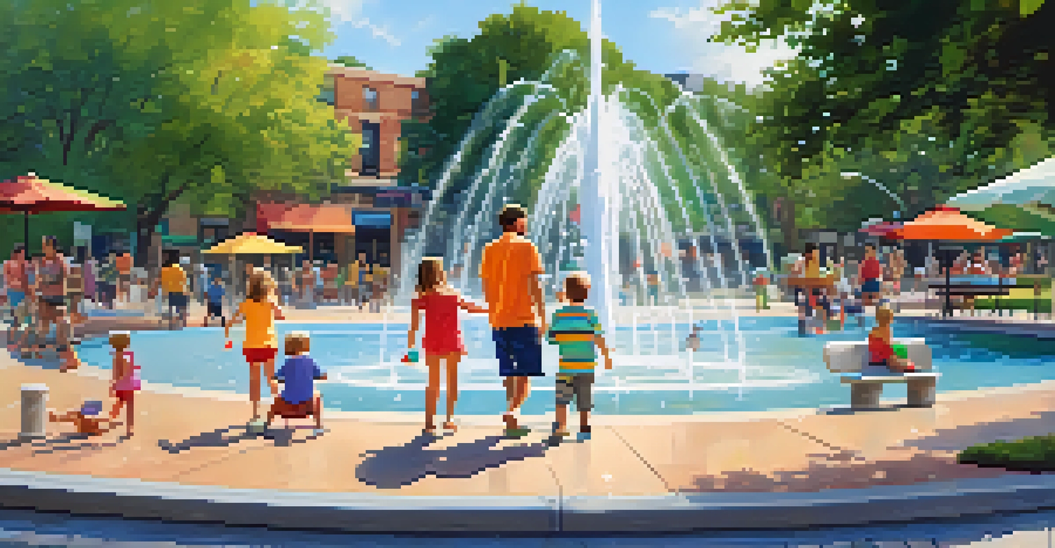 A family enjoying the splash pad at the Riverfront, with children playing in colorful water jets and parents relaxing nearby.