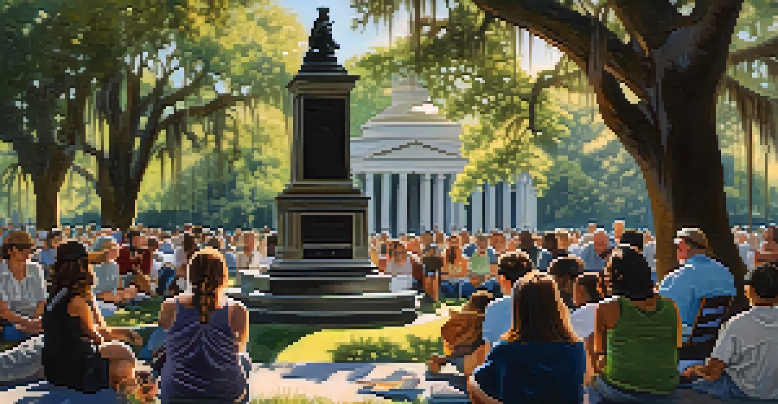 A gathering of people at Forsyth Park listening to a historian talk about a Civil War monument under the trees with sunlight shining through.