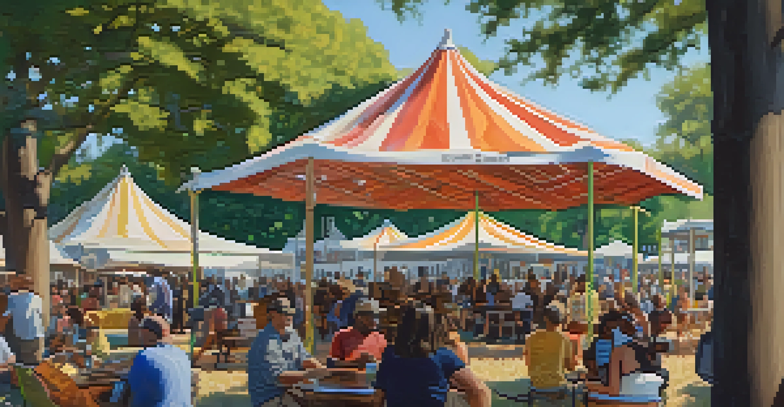A vibrant scene from the Savannah Music Festival, with a crowd enjoying a jazz performance surrounded by food vendors and trees.