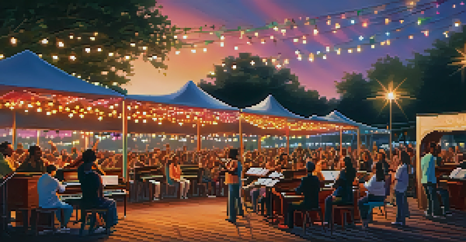 Musicians performing at the Savannah Music Festival on an outdoor stage, surrounded by colorful lights and an audience enjoying the lively atmosphere under the evening sky.