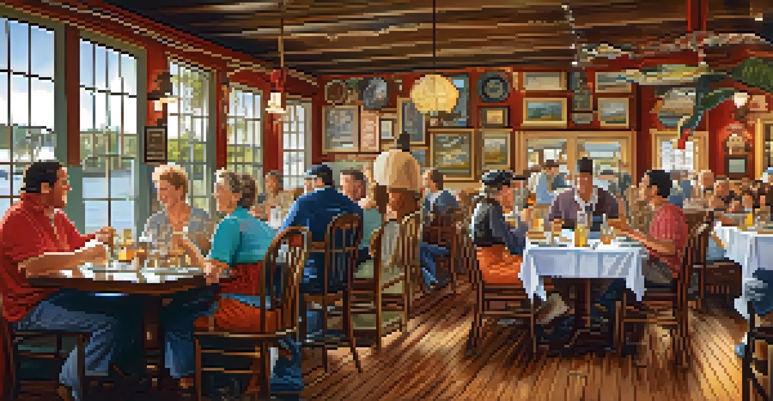 Patrons enjoying a lively dining experience with Southern dishes and storytelling in a historic restaurant.