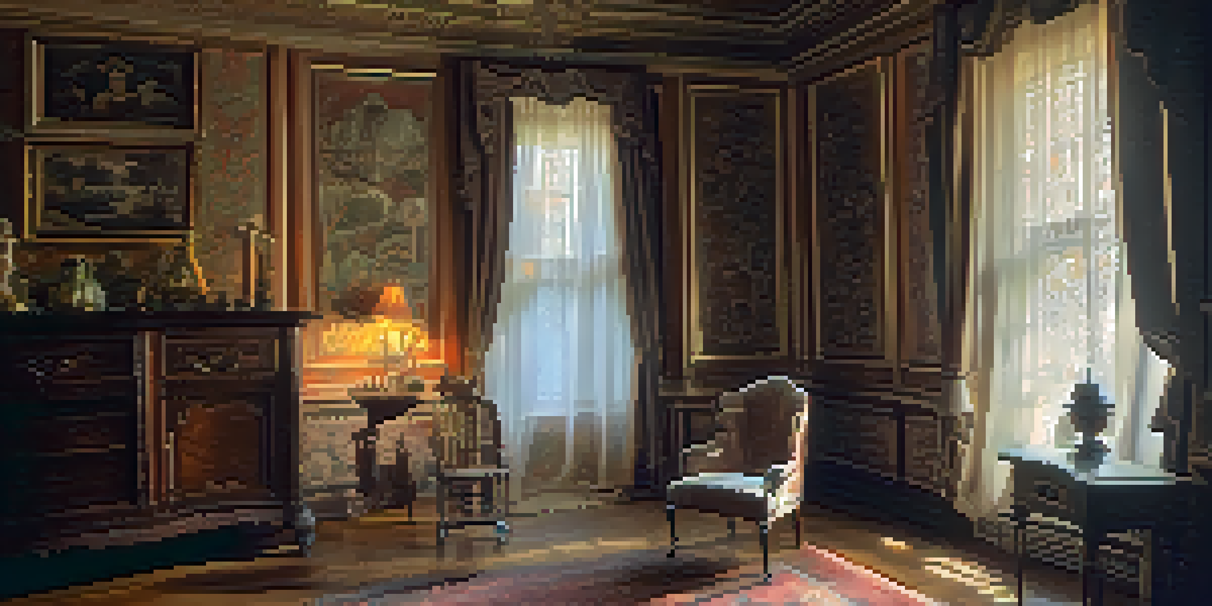 The interior of the Marshall House, with vintage furnishings, soft light, and a doll that contributes to the eerie ambiance.