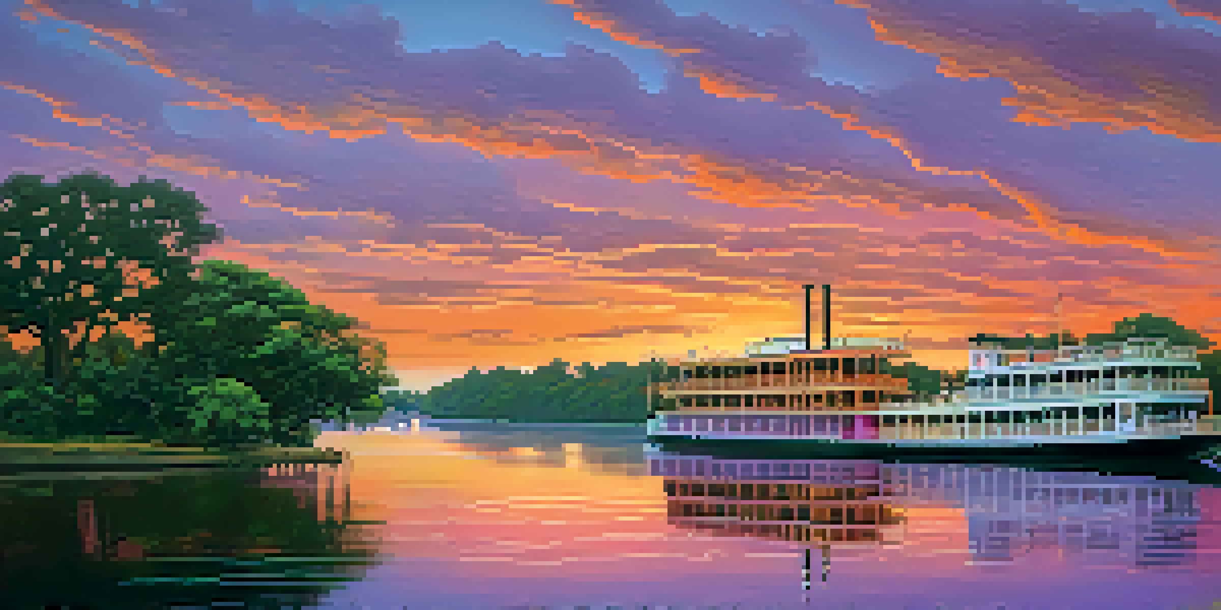 A scenic sunset over the Savannah River with a riverboat and historical buildings in the background.