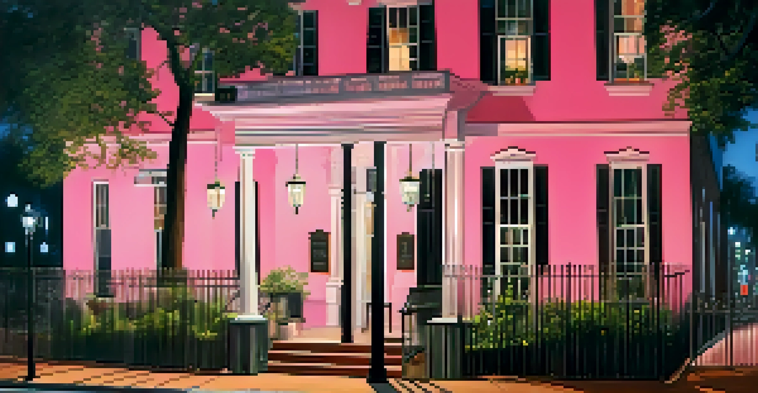 The Olde Pink House in Savannah illuminated at night, featuring classic architecture and hints of ghostly figures in the windows.