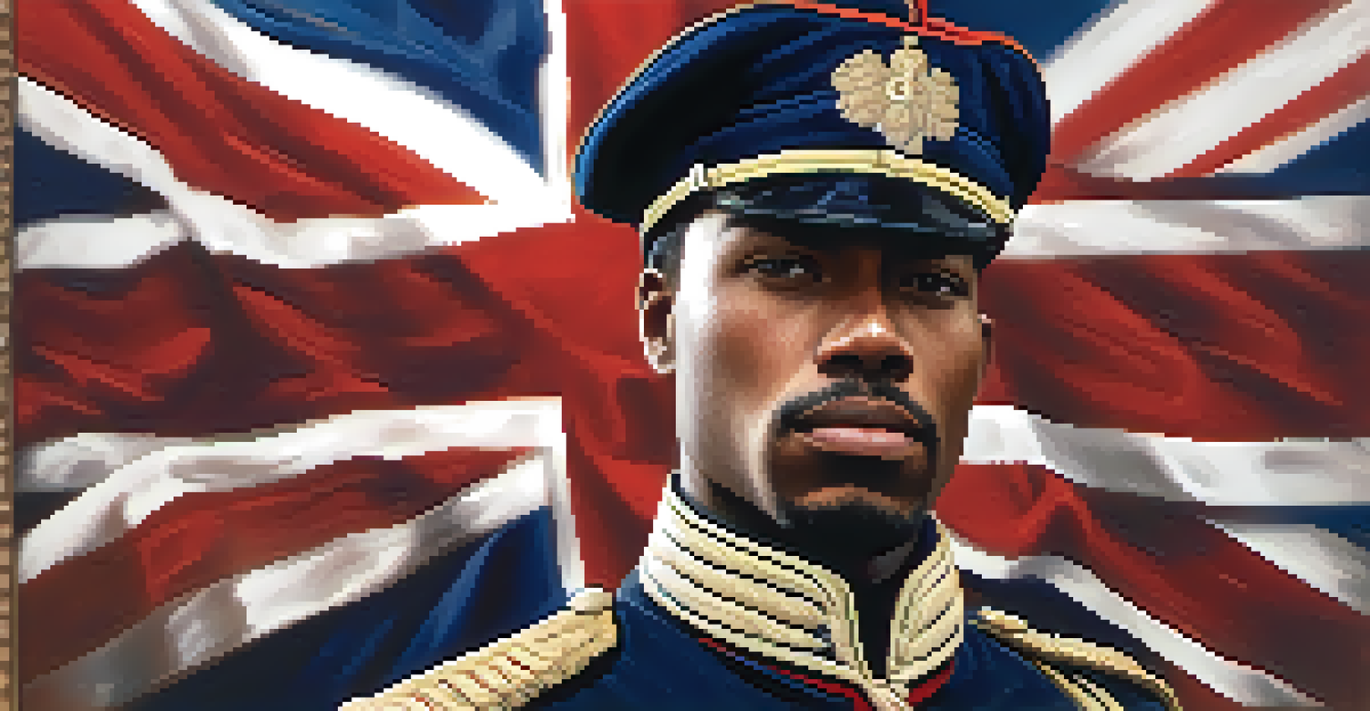 A proud African American Union soldier in uniform, standing before a Union flag with a blurred battlefield in the background.