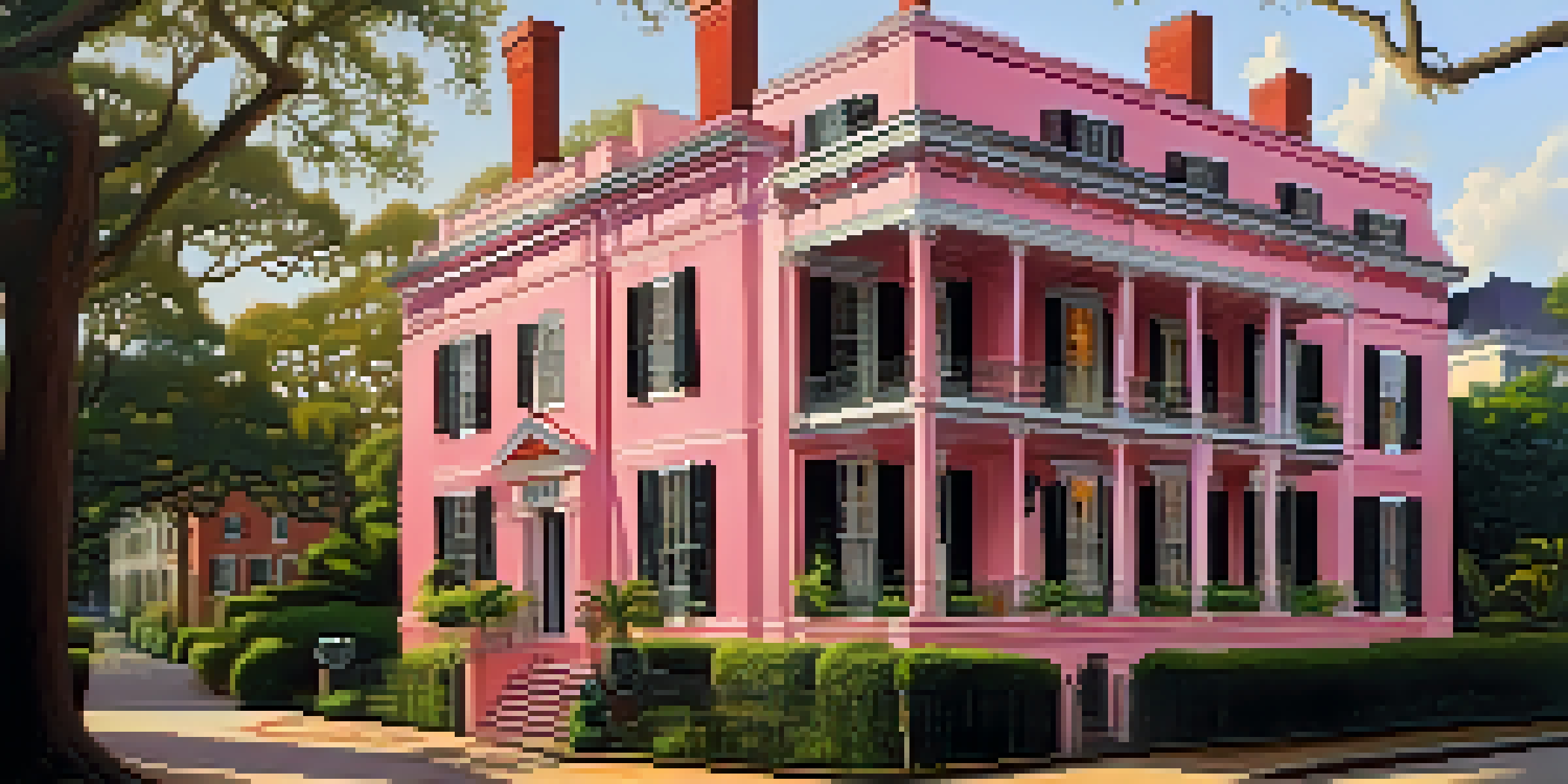 A view of the Olde Pink House in Savannah, Georgia, featuring its pink exterior and beautiful gardens at sunset.