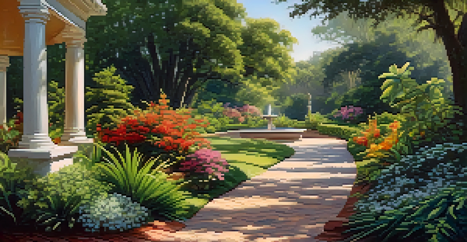 A scenic garden path in an antebellum home garden, surrounded by greenery and a fountain.