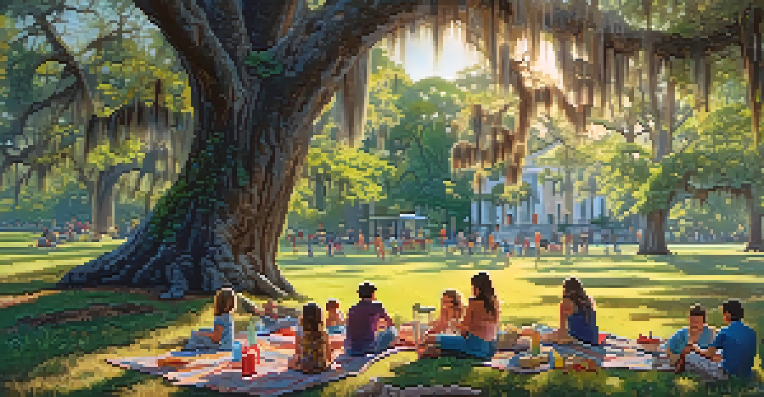 A vibrant summer scene in a park with ancient oaks, families picnicking, children playing, and sunlight filtering through the leaves.