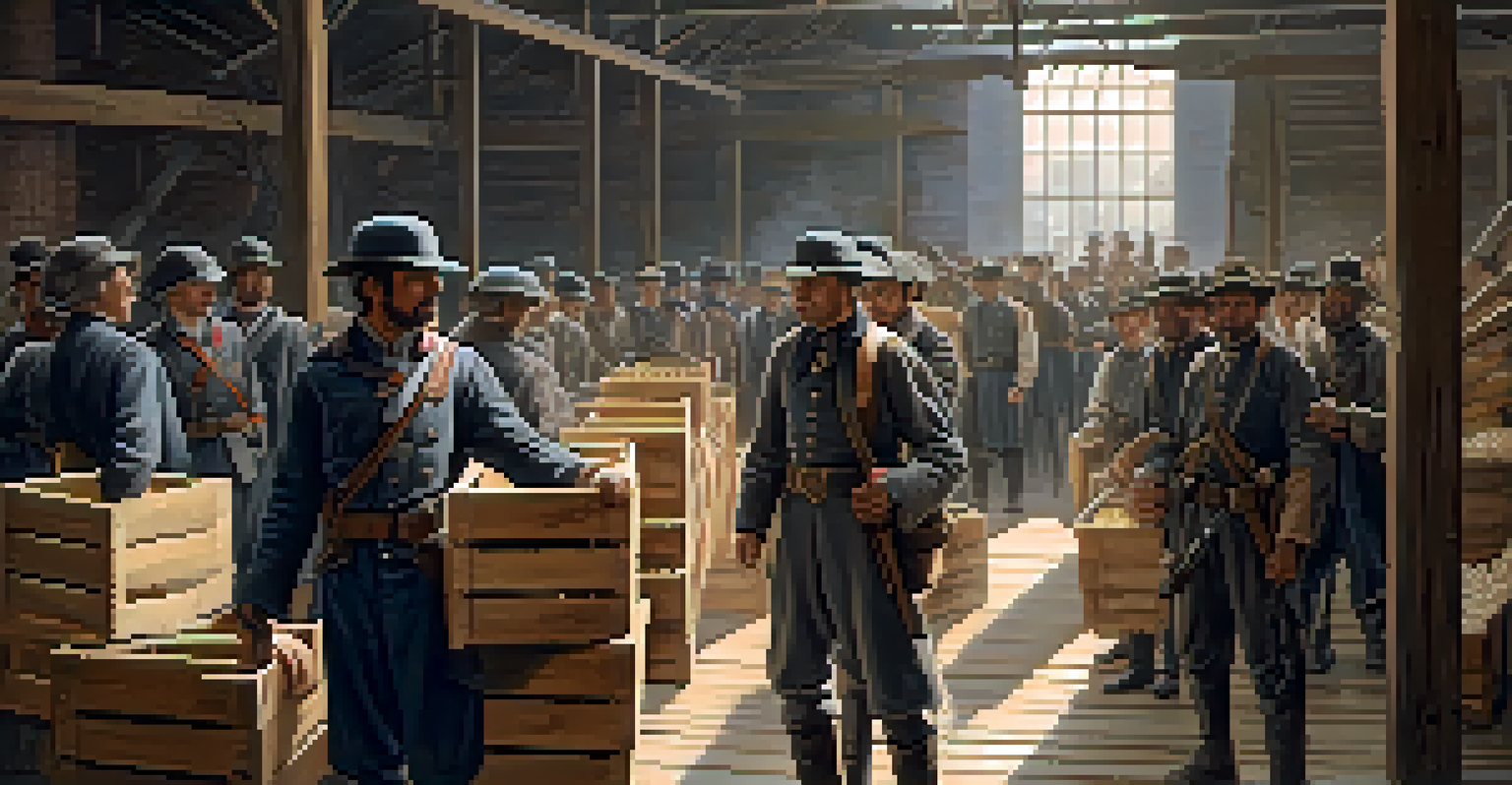 Confederate soldiers in a warehouse receiving supplies during the Civil War.