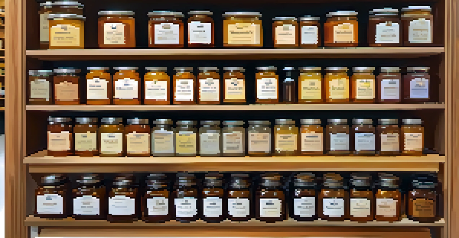 Display of honey jars and beeswax products in a charming honey shop.