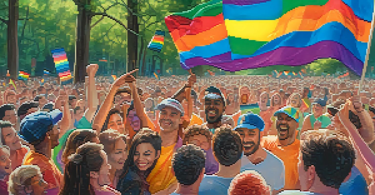 A close-up of a rainbow pride flag held by smiling individuals, symbolizing love and diversity, with soft sunlight filtering through trees.