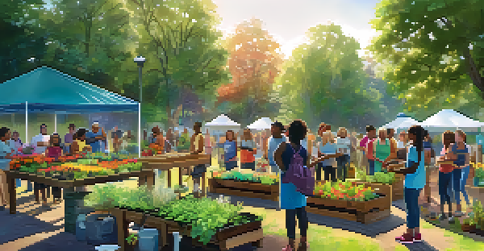 A community workshop in a park with residents learning about composting and gardening, surrounded by greenery.